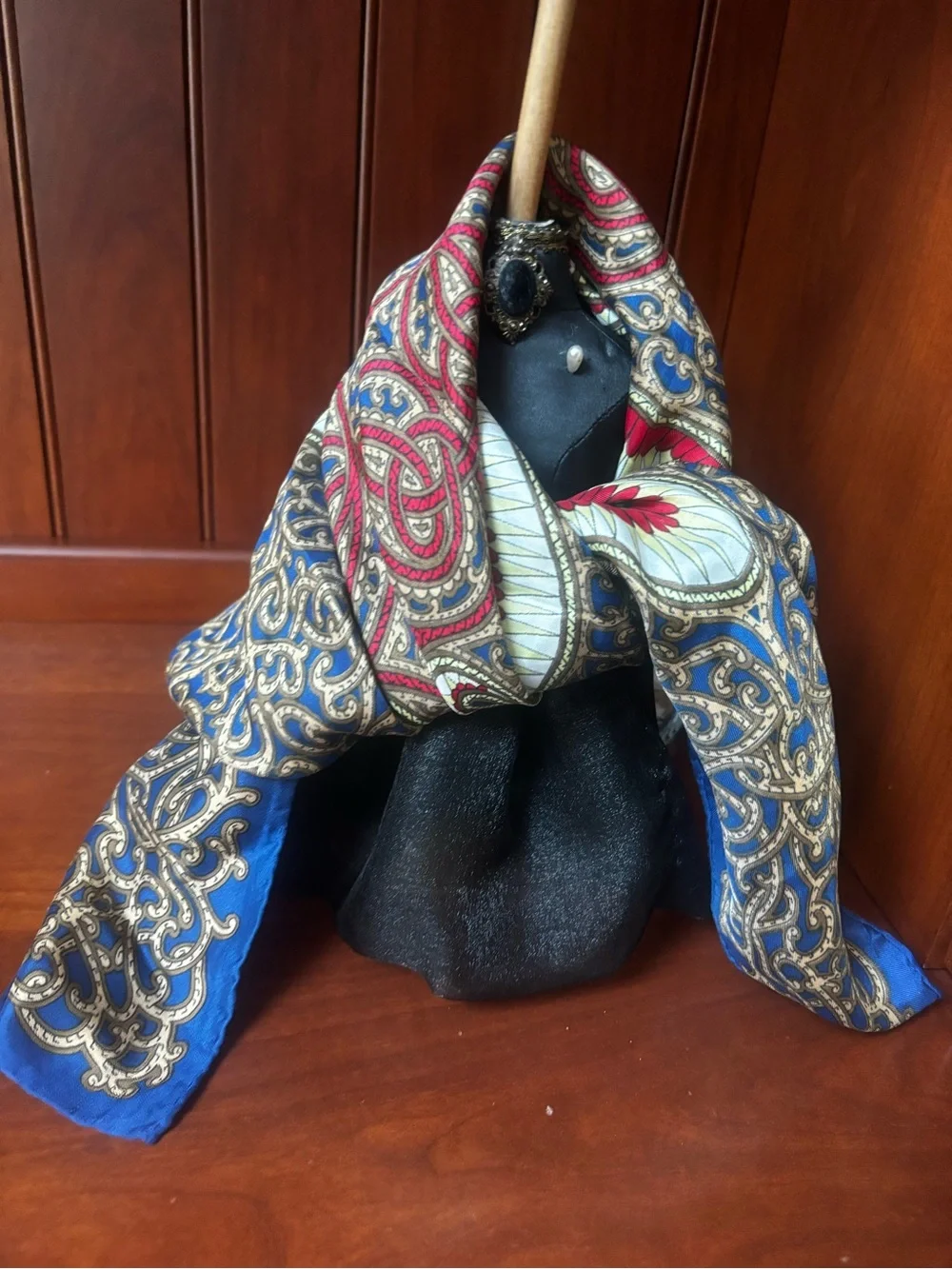 Navy Blue Paisley Silk blend Scarf with Red & Gold Accents